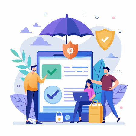 People using a protected device with an umbrella and shield.のイラスト素材