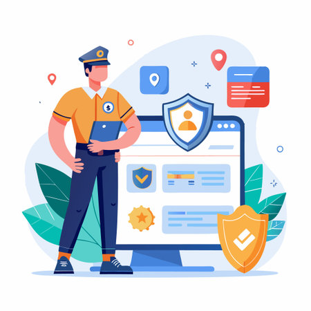 A security guard stands in front of a computer screen with security symbols.のイラスト素材