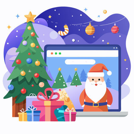Santa Claus on Laptop Screen with Christmas Tree and Presents.のイラスト素材