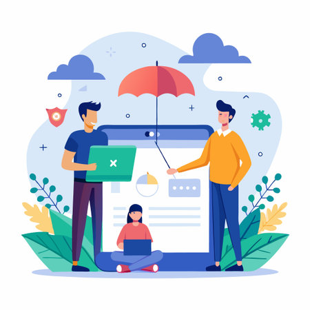 Three people, an umbrella, and a large tablet computer with a pie chart, data, and a lock.のイラスト素材