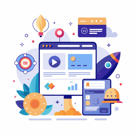 Digital Marketing Strategy with Website, Mobile App, and Rocket Launch Icon.のイラスト素材