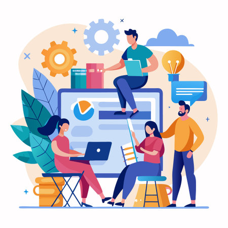 Business team working on project with laptop, documents and chart.のイラスト素材