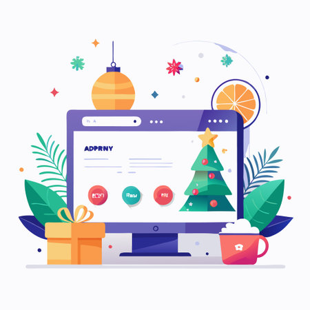 Computer screen showing Christmas tree and gift box on a desk with festive decorations.のイラスト素材