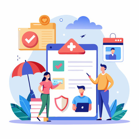 People using health app with checklist, shield and insurance.のイラスト素材