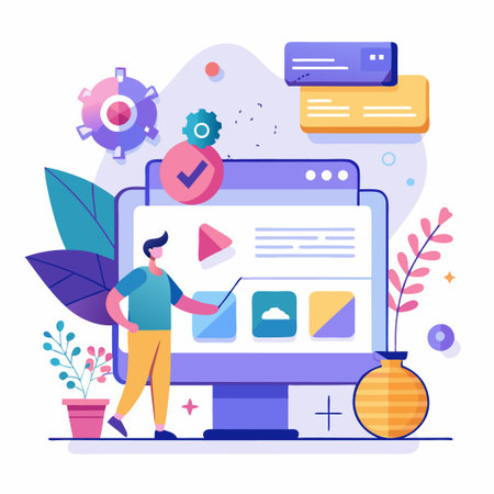 Man presenting on a computer with a checkmark, a gear, and icons.のイラスト素材