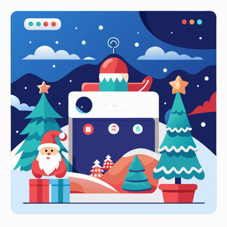 Santa Claus with a gift box in a snowy landscape on a phone screen with two Christmas trees.のイラスト素材