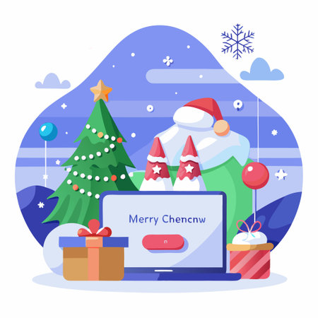 Laptop with Christmas message, gift boxes, decorated tree and snowman against snowy mountains and sky.のイラスト素材