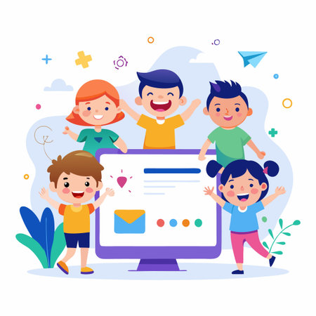 Happy children smiling around a computer screen.のイラスト素材