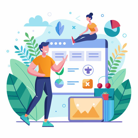 Happy man explaining data from a web page to a woman sitting on the browser.のイラスト素材