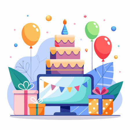Online birthday party with cake, balloons, gifts and computer screen.のイラスト素材