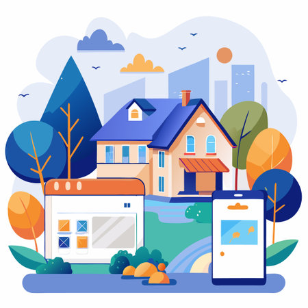 Modern house with a blue roof and a green lawn in front of it. A computer screen and a smartphone are in front of the house, with a picture of the house on the phone.のイラスト素材