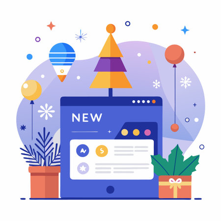 New product launch announcement on a website with festive decoration.のイラスト素材
