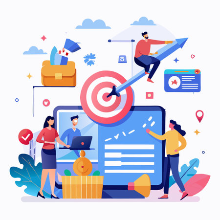 Business people working together on a laptop and computer screen to achieve a common goal.のイラスト素材