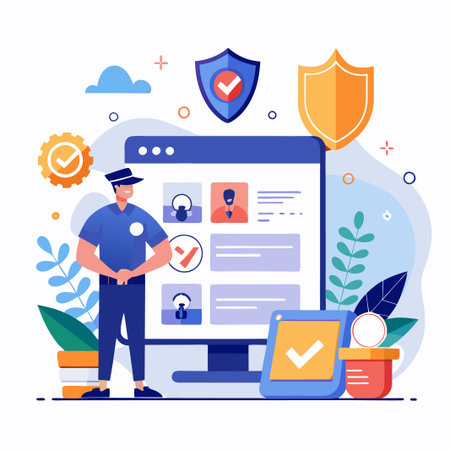 Security guard standing next to computer with shields and check marks for secure data.のイラスト素材