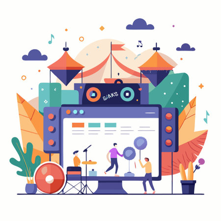 Online music concert with a band performing on a computer screen.のイラスト素材