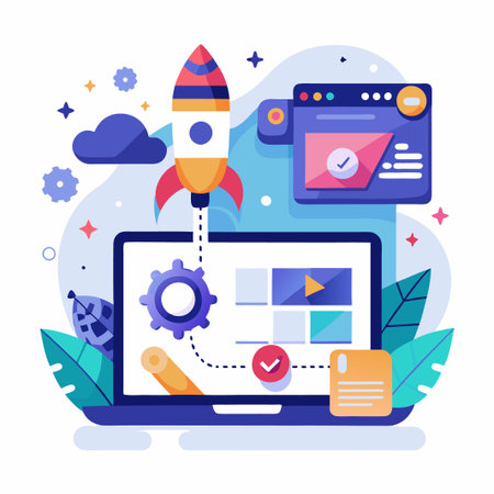 Laptop with a rocket taking off from the screen, surrounded by gears, clouds, and leaves.のイラスト素材