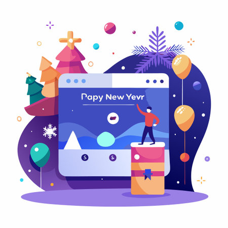 Man standing on a gift box, celebrating Happy New Year.のイラスト素材