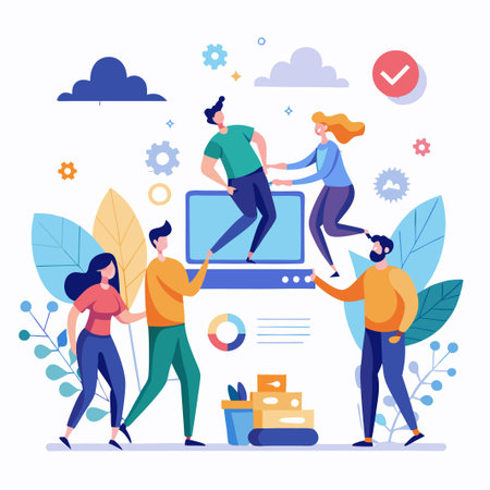 Team of four people working together on a computer screen.のイラスト素材