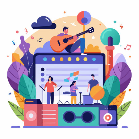 A group of people playing music in a digital setting.のイラスト素材