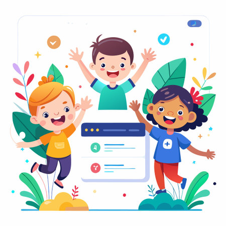 Three kids of different races are excited about using a computer.のイラスト素材