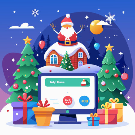 A desktop computer with a Christmas theme, featuring a house with Santa Claus on top, two Christmas trees, and several gifts.のイラスト素材