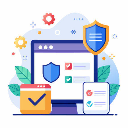 Secure online data protected with shield icon, computer screen and check marks.のイラスト素材