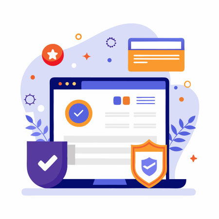 Secure online payment with laptop, credit card, and shield icons.のイラスト素材