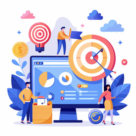 Businesspeople working together on a computer with a target and a lightbulb.のイラスト素材