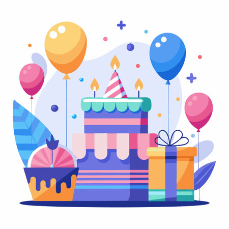 Birthday cake with candles, balloons, and a present.のイラスト素材