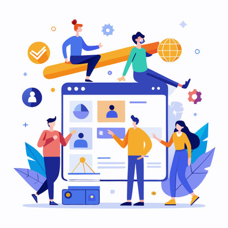 Team of four people collaborate on a project, using a computer, a big pencil, and a world globe.のイラスト素材