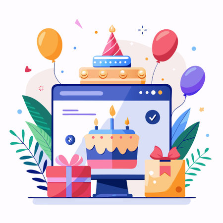 Online birthday celebration with a cake, gifts, and balloons on a computer screen.のイラスト素材