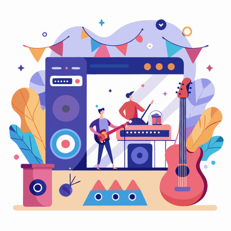 Two cartoon musicians playing music in a computer screen with a guitar, microphone and speakers.のイラスト素材