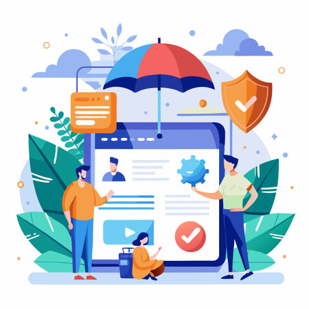 People working on a tablet with a shield and umbrella protecting it.のイラスト素材