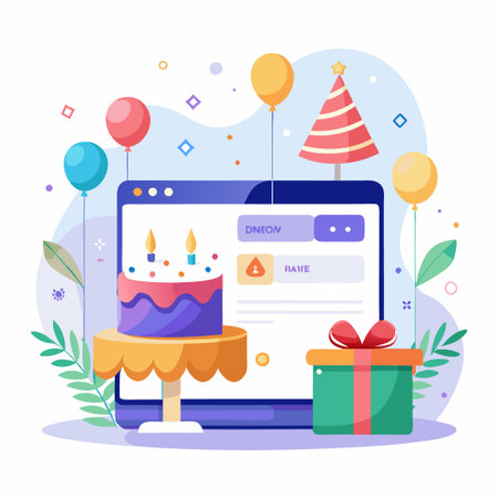 Birthday cake with candles on a table with a gift box, balloons, a party hat, and a laptop.のイラスト素材