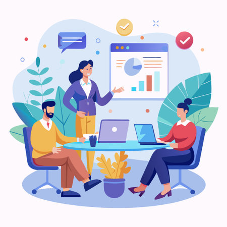 Businesswoman presenting data to colleagues during a meeting.のイラスト素材