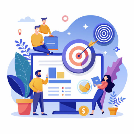 Team working on computer with graphs and target for success.のイラスト素材