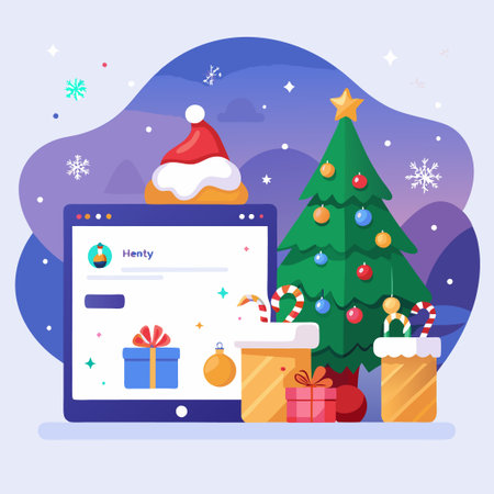 Christmas online shopping with gifts, a Christmas tree, and a laptop.のイラスト素材