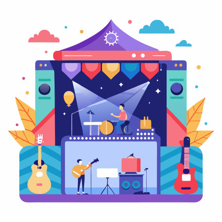 A band playing music on a stage with a tent above them.のイラスト素材