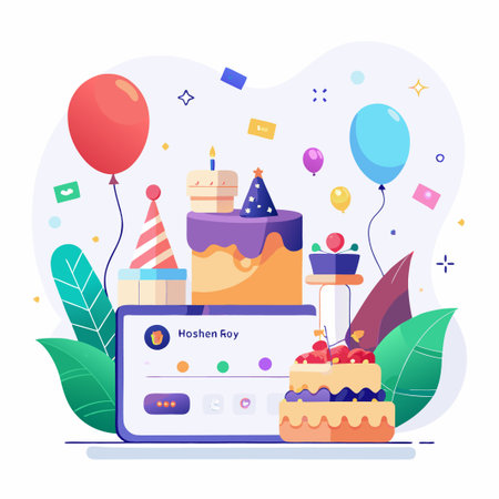 Birthday celebration with cake, balloons, and social media icons on a laptop screen.のイラスト素材