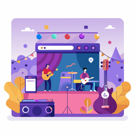 Two musicians performing live on a stage, with a web browser window and a smartphone in the background.のイラスト素材