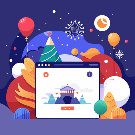 Abstract colorful illustration of a website with fireworks and balloons, perfect for festive and celebration concepts.のイラスト素材