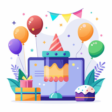 Colorful birthday party celebration with laptop, cake, balloons and gifts.のイラスト素材