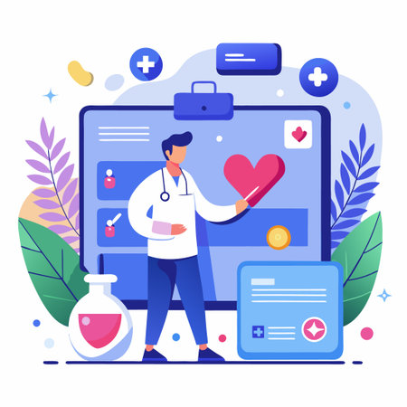 Doctor holding heart with medical icons.のイラスト素材