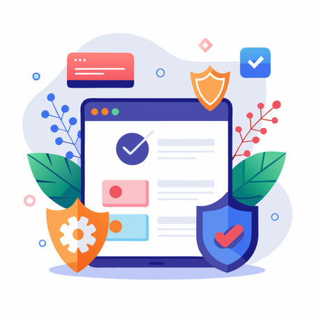 Secure online payment process with check mark and shields.のイラスト素材