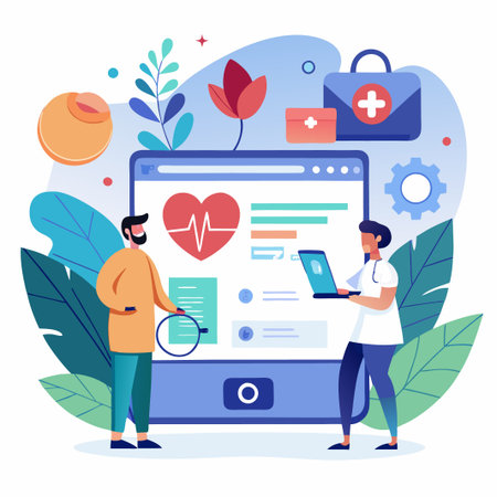 A doctor and patient are standing in front of a large computer screen with a heart rate monitor and medical information.のイラスト素材