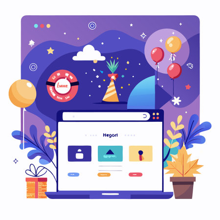 Online celebration with laptop, balloons, confetti, and party hat on a purple background.のイラスト素材