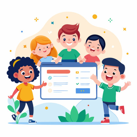 Happy diverse kids standing around a checklist with completed tasks.のイラスト素材