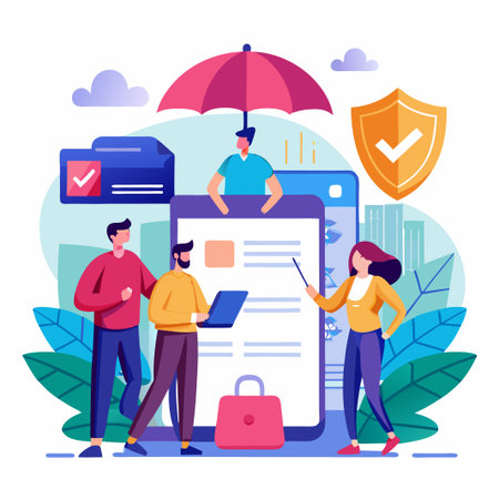 People standing in front of a tablet with a shield, umbrella, and lock.のイラスト素材
