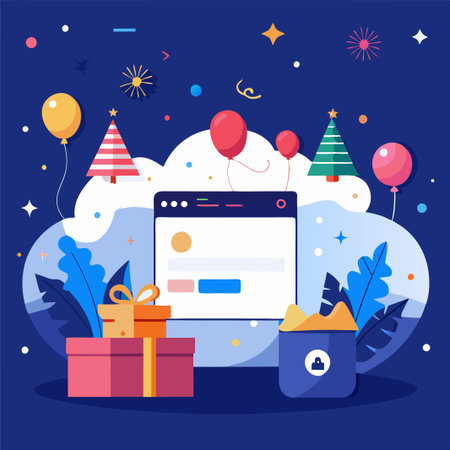 Festive online shopping concept with website, gift box, and balloons.のイラスト素材