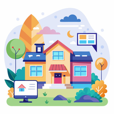 Online real estate listing with a colorful house, lawn, and computer screen showing a house icon.のイラスト素材